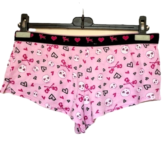 REQUEST Y2K Pink Pajama PJ Shorts Skulls/Guitars/Hearts/Cats Size Medium - Picture 2 of 4